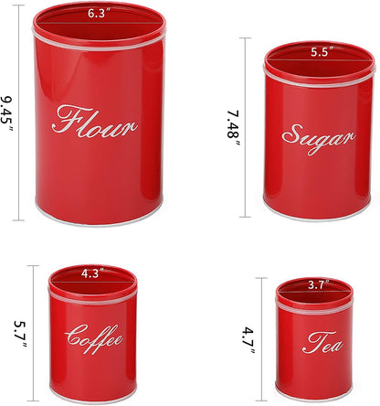 Canister Sets for Kitchen Counter, Flour and Coffee Containers, Vintage Farmhouse Design Food Storage Container with a Removable Lid, 4 Pack (Red)