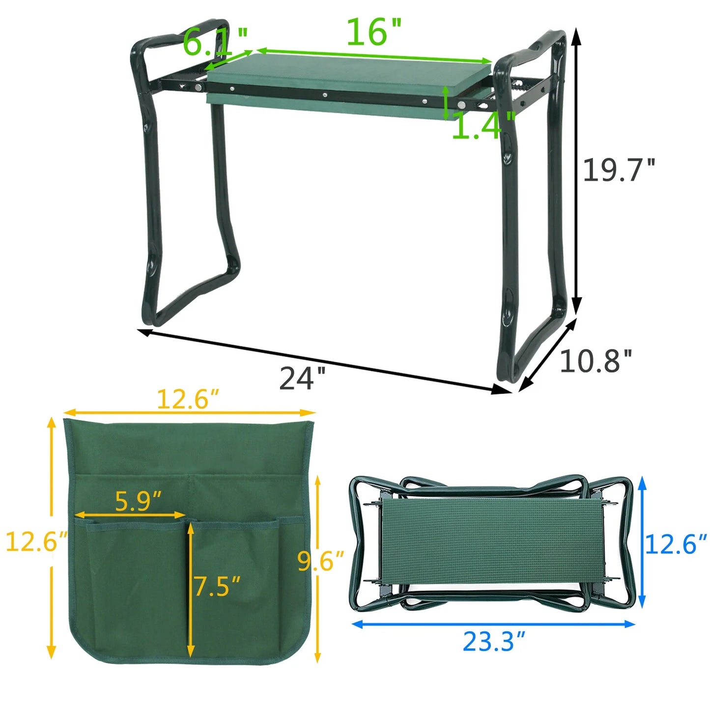 Foldable Garden Kneeler Seat, Portable Gardening Bench Stool Soft Kneeling Foam Pad W/Tool Pouch